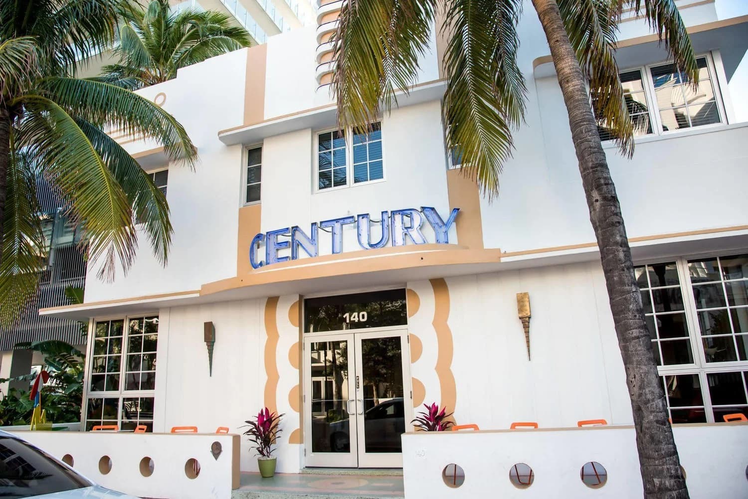 The Century Hotel on Ocean Drive, Miami Beach — art-deco facade with palms